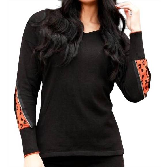 NEW ANGEL APPAREL cheetah v-neck sweater with zip sleeves in black/rust - Picture 1 of 1